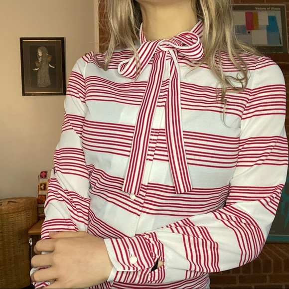 Vintage Tops - Vintage 1970s Kimberly Pussy Bow Collar Tie Secretary Blouse Candy Strip…